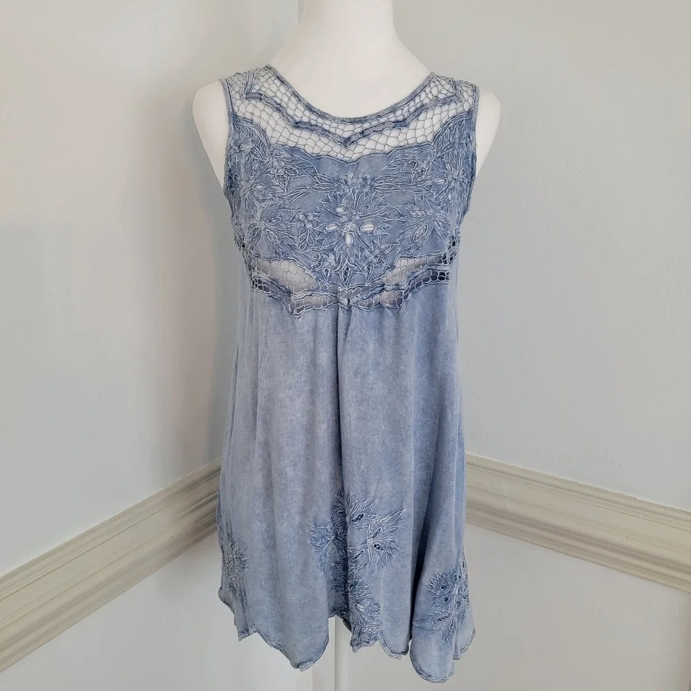 Tiare Hawaii Boho Tunic Top Cover Up Blue Embroidered Lace Sleeveless OS Flowy - Picture 2 of 10